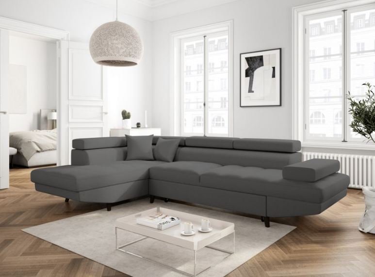 Canapé méridienne coffre gauche RINO convertible gris graphite pieds laqués noir