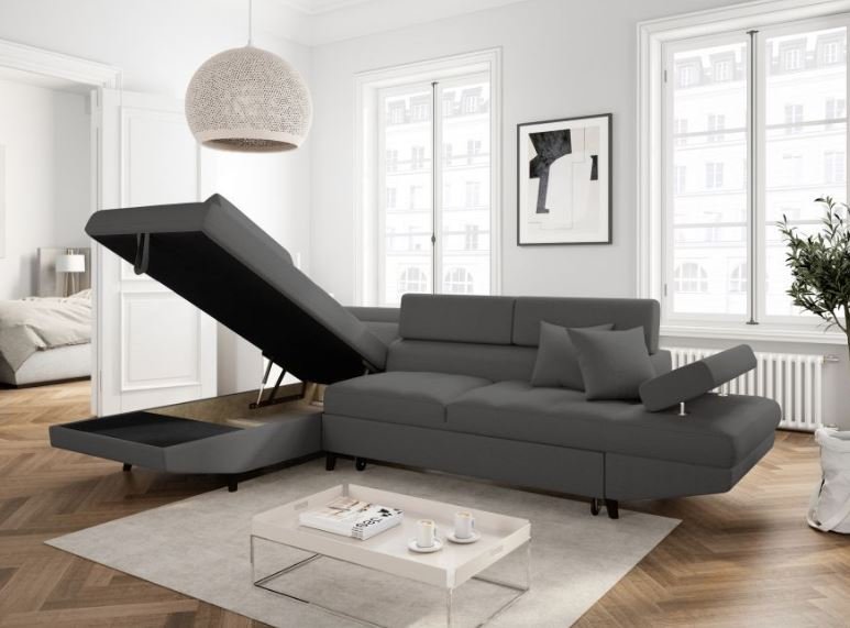 Canapé méridienne coffre gauche RINO convertible gris graphite pieds laqués noir