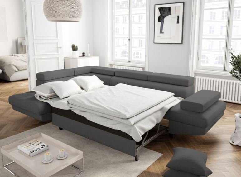 Canapé méridienne coffre gauche RINO convertible gris graphite pieds laqués noir