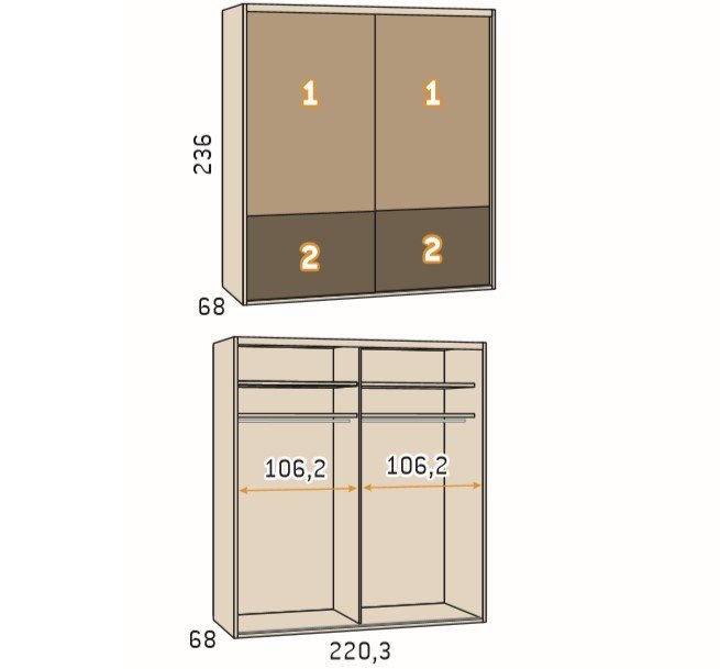 Armoire 2 portes coulissantes encastrées 220,3 x 236 couleur Habana frange inférieure Luxor profil Inox