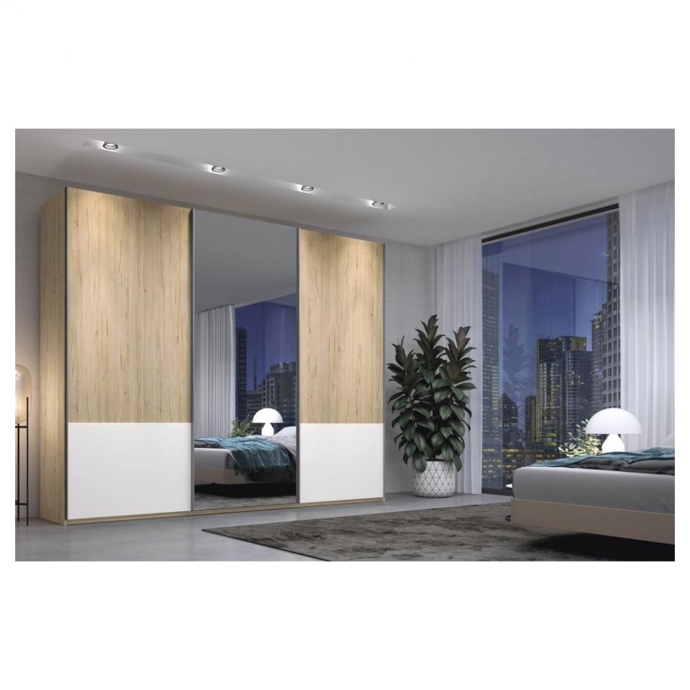 Armoire 3 portes coulissantes 296,2 x 220 couleur Arios frange Blanco Laquée porte miroir centrale