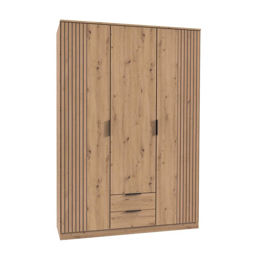 Armoire avec corniche BELOU 3 portes 2 tiroirs décor chêne artisan rechampis aspect clayettes 
