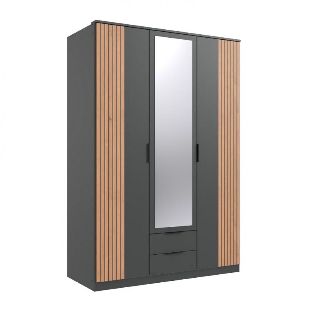 Armoire BELOU 3 portes 1 miroir 2 tiroirs décor graphite rechampis aspect clayettes chêne artisan 