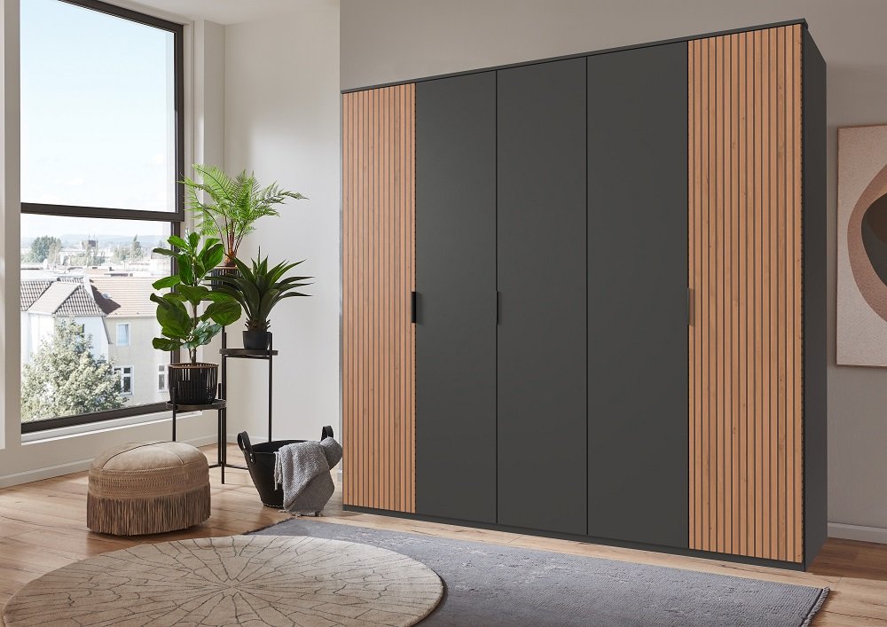 Armoire graphite 5 portes BLEND 2 portes aspect clayettes imit. chêne artisan