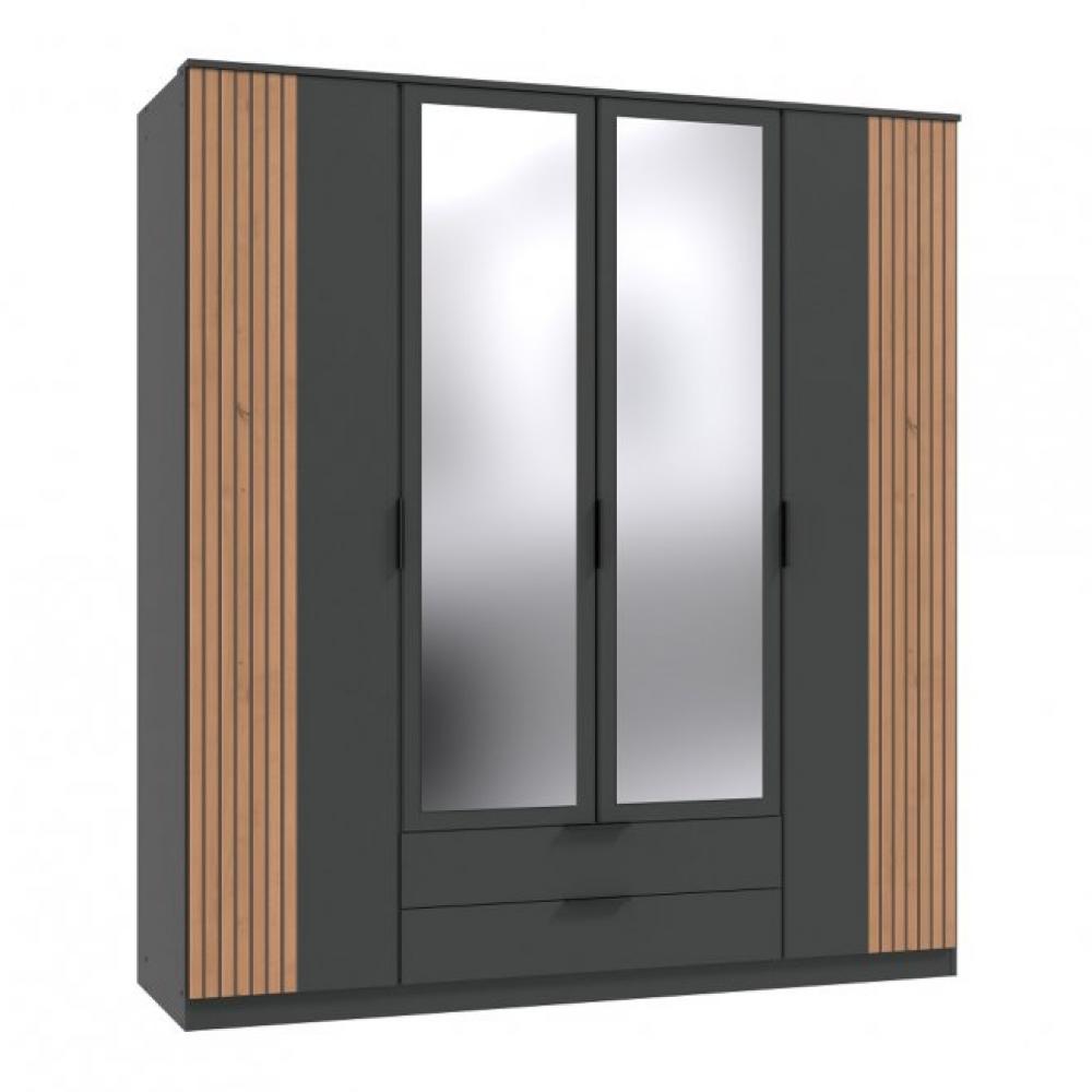 Armoire BELOU 5 portes 2 miroirs 2 tiroirs décor graphite rechampis aspect clayettes chêne artisan 