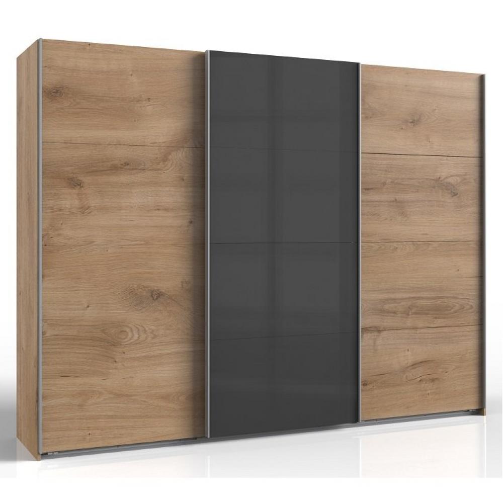 Armoire coulissante AURELIA 270cm chêne poutre porte verre gris