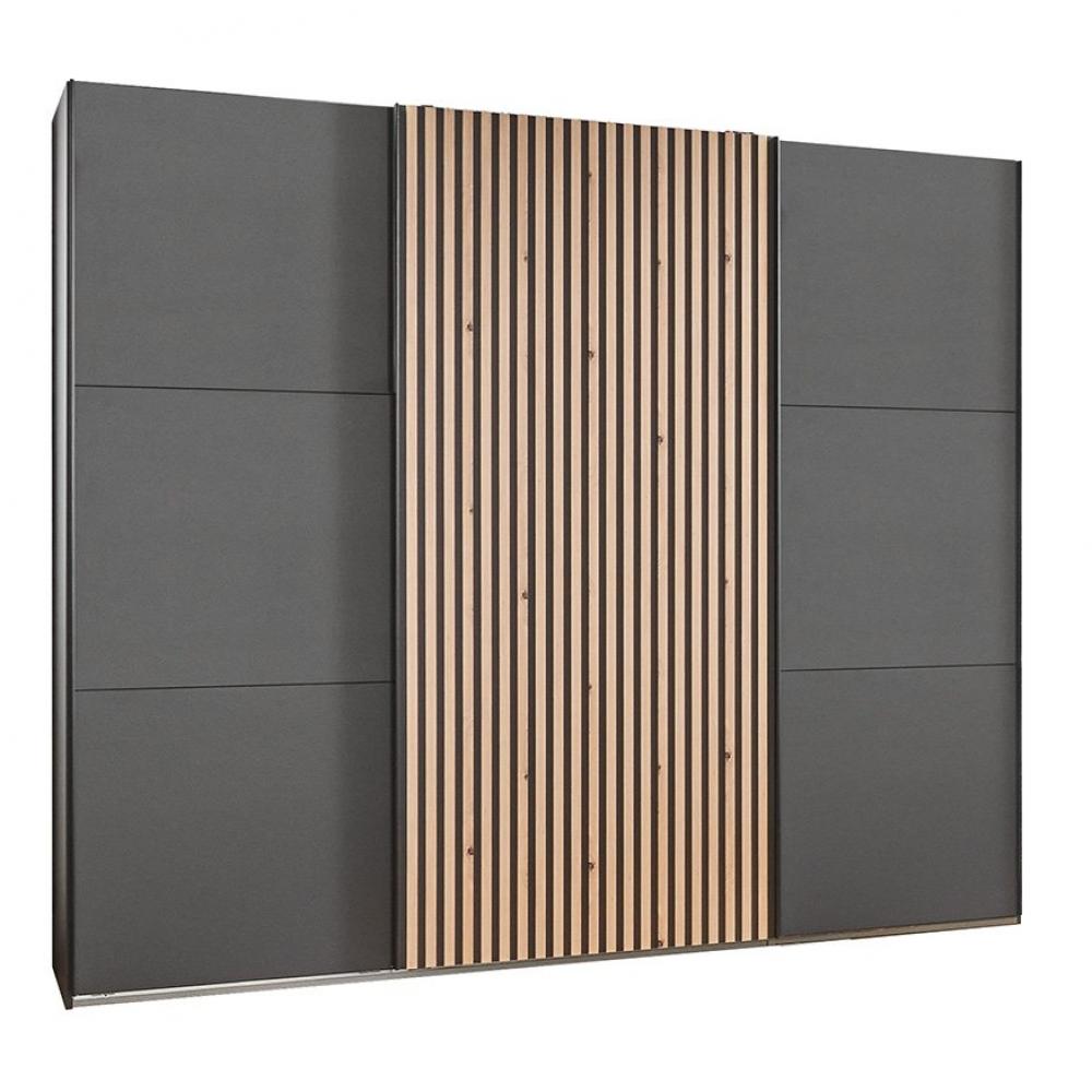 Armoire coulissante PRISMA 300cm graphite rechampis lamelles imitation chêne artisan