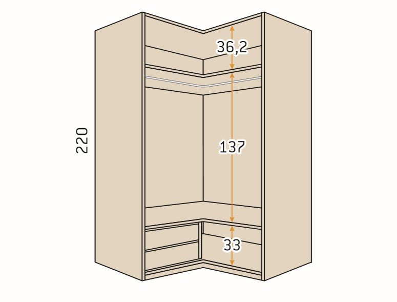 Armoire angle dressing porte coulissante rangement couleur Polar Pizzara Laquée hauteur 220 cm