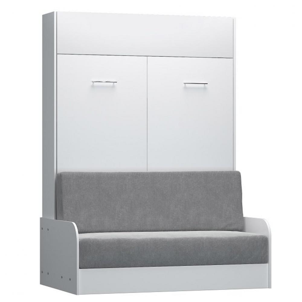 Armoire lit escamotable DYNAMO SOFA canapé accoudoirs blanc mat et microfibre gris couchage 140*200 cm