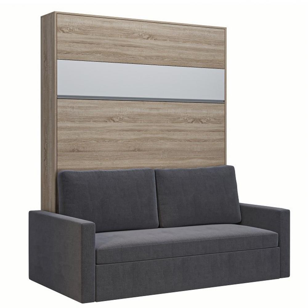 Armoire lit escamotable DJUKE  SOFA chêne bandeau blanc mat canapé gris 160*200 cm