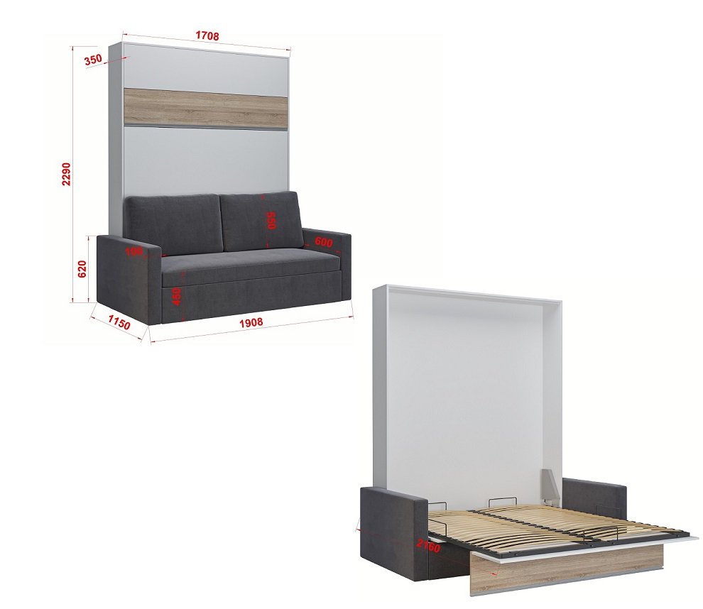 Armoire lit escamotable DJUKE  SOFA chêne bandeau blanc mat canapé gris 160*200 cm