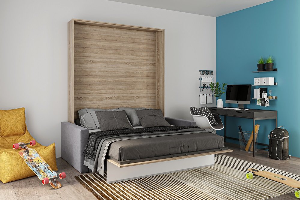 Armoire lit escamotable DJUKE  SOFA chêne bandeau blanc mat canapé gris 160*200 cm