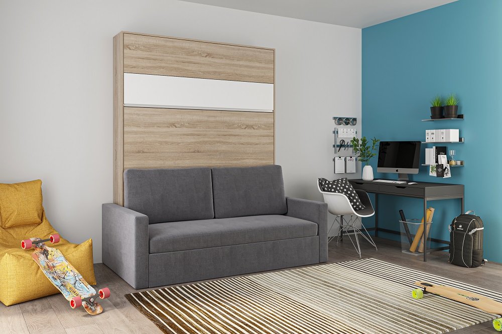 Armoire lit escamotable DJUKE  SOFA chêne bandeau blanc mat canapé gris 160*200 cm