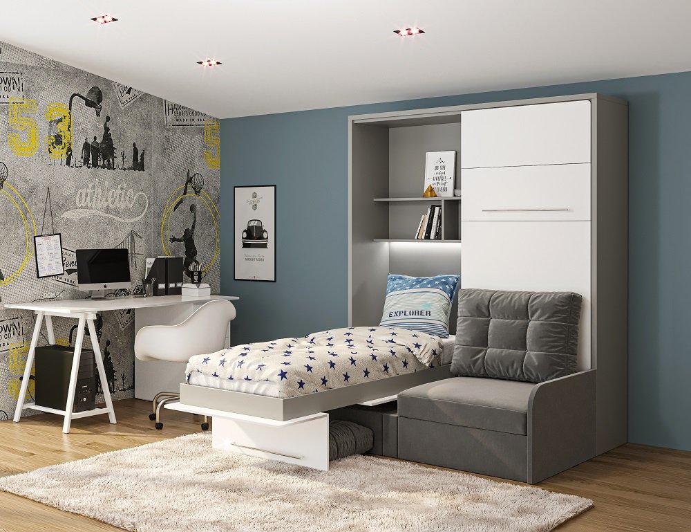 DUO SOFA armoire lit escamotable canapé gris couchage 2 x 90/200 structure gris façade blanc