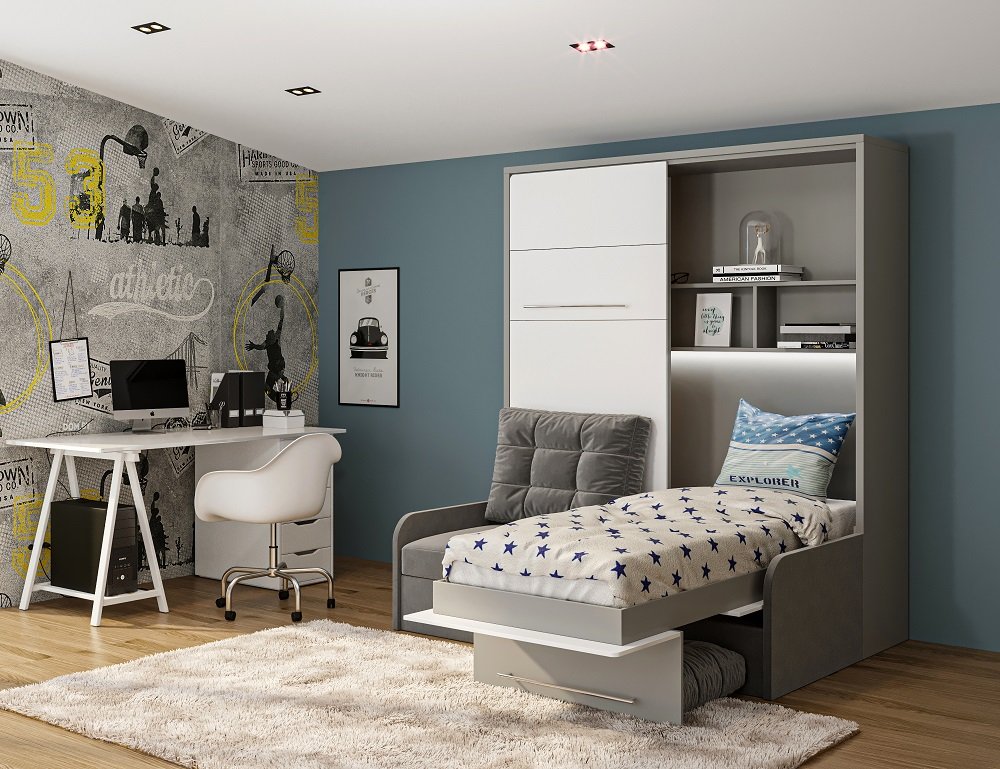 DUO SOFA armoire lit escamotable canapé gris couchage 2 x 90/200 structure gris façade blanc
