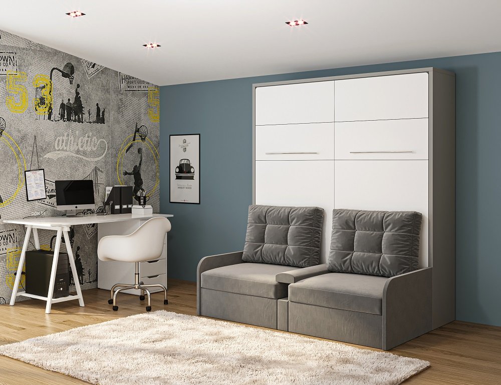 DUO SOFA armoire lit escamotable canapé gris couchage 2 x 90/200 structure gris façade blanc
