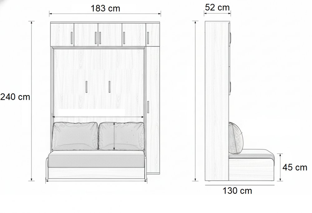 Lit escamotable canapé ARLITEC LIT COFFRE 140 avec surmeuble et colonne chevet hauteur 240 cm