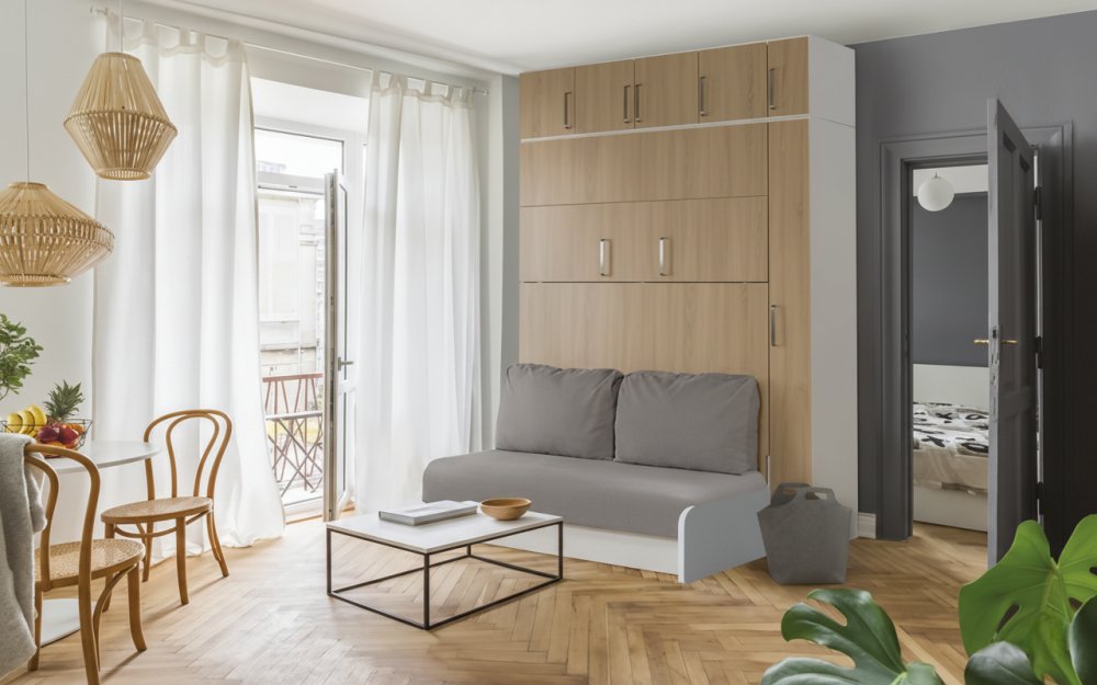 Lit escamotable canapé ARLITEC LIT COFFRE 140 avec surmeuble et colonne chevet hauteur 260 cm