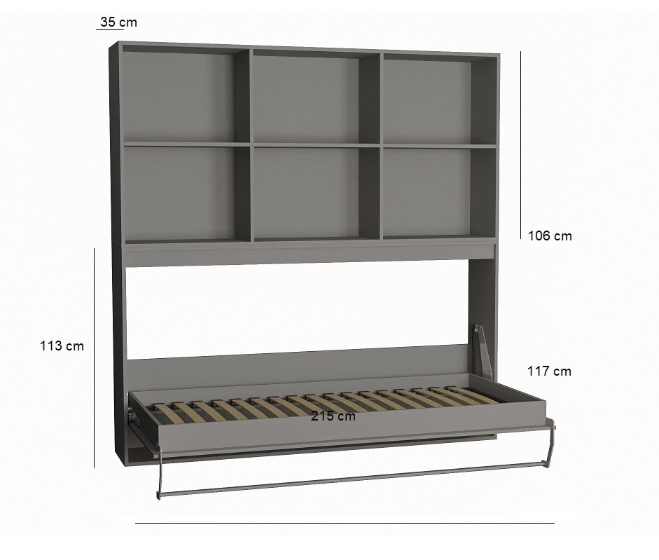 Composition armoire lit horizontale STRADA-V2 gris graphite mat Couchage 90*200 avec surmeuble et 2 colonnes rangements 