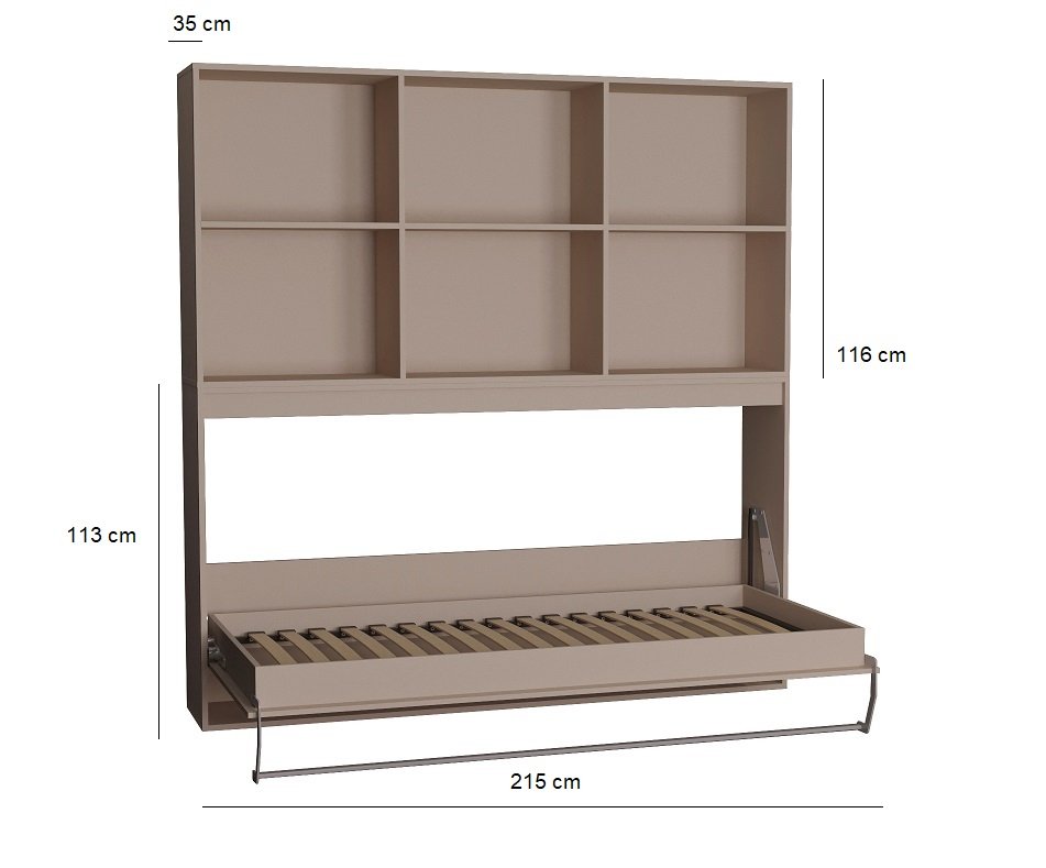 Composition armoire lit horizontale STRADA-V2 taupe mat Couchage 90*200 avec surmeuble et 2 colonnes rangements 