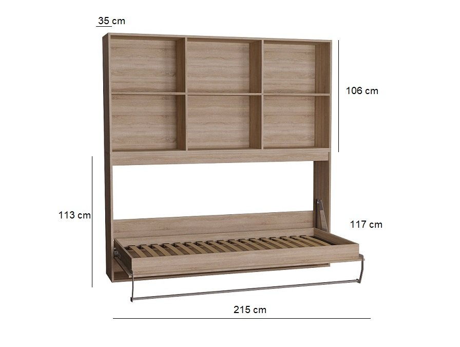Composition armoire lit horizontale STRADA-V2 mélaminé chêne Couchage 90*200 avec surmeuble et 2 colonnes rangements 
