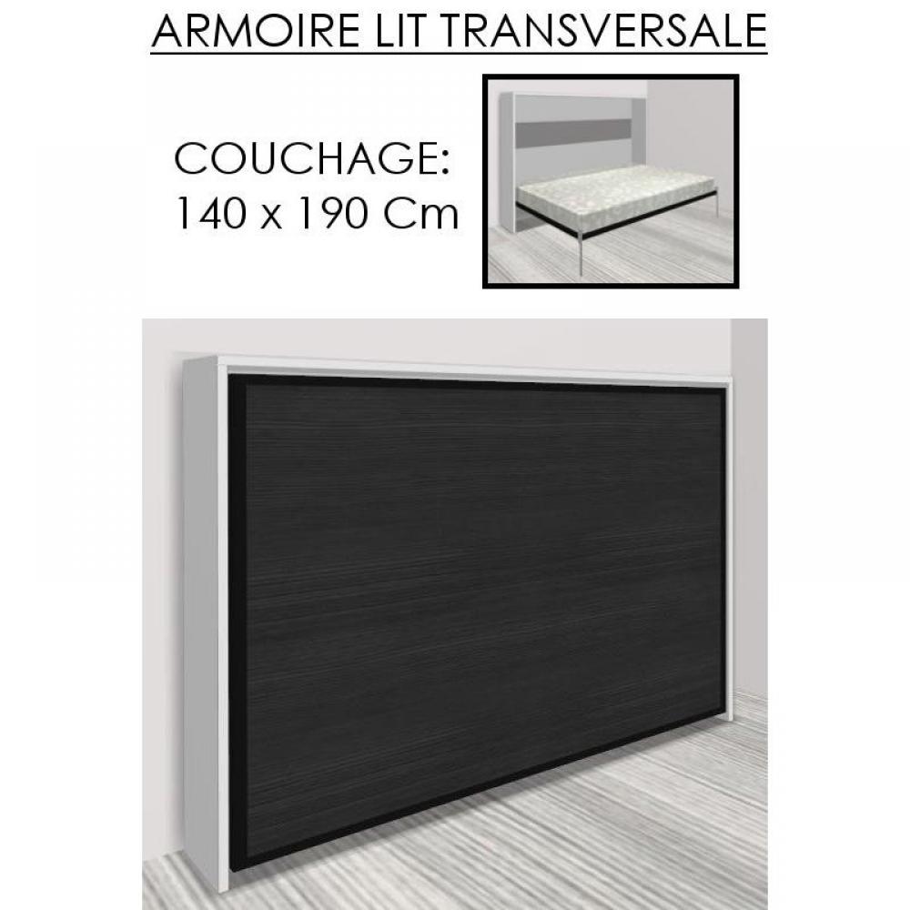 Armoire lit escamotable ATHENA, bicolore blanche et chêne noir. Couchage 140 * 22 * 190 cm.
