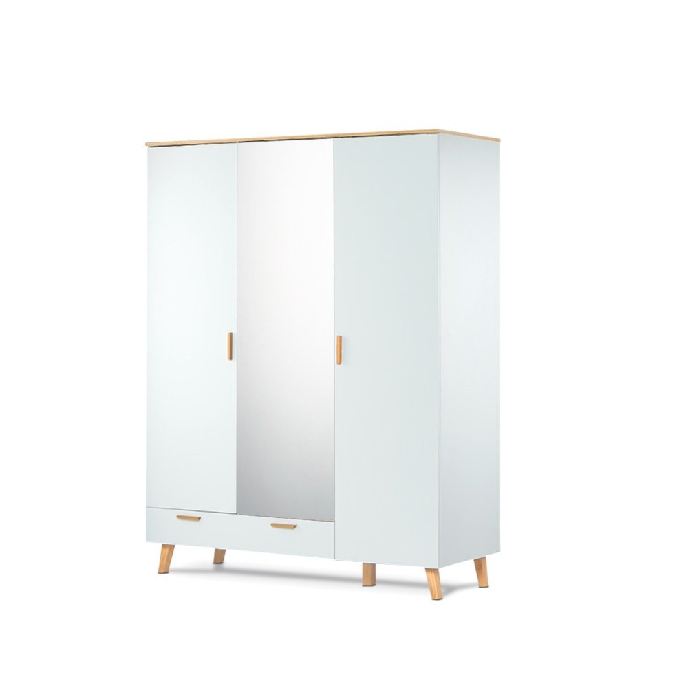 Armoire penderie FREDO
blanc et chêne naturel 3 portes 1 tiroir, 150 x 195 cm