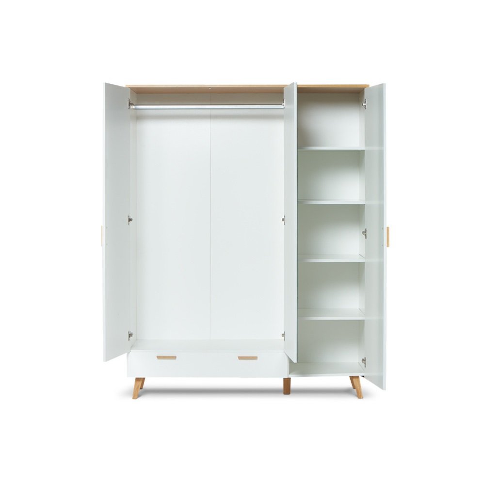 Armoire penderie FREDO
blanc et chêne naturel 3 portes 1 tiroir, 150 x 195 cm
