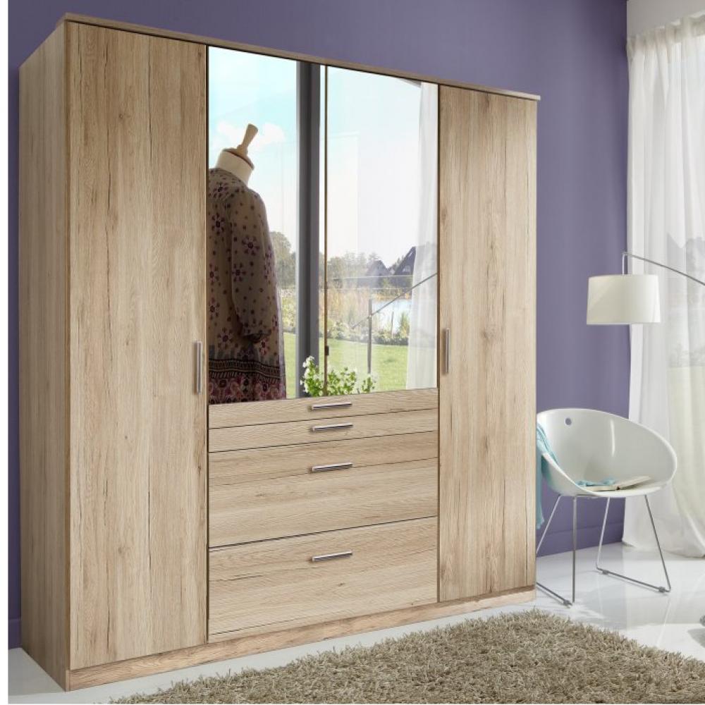 Dressings et armoires, meubles et rangements, Armoire penderie décor chêne  ARRON 4 portes battantes 4 tiroirs
