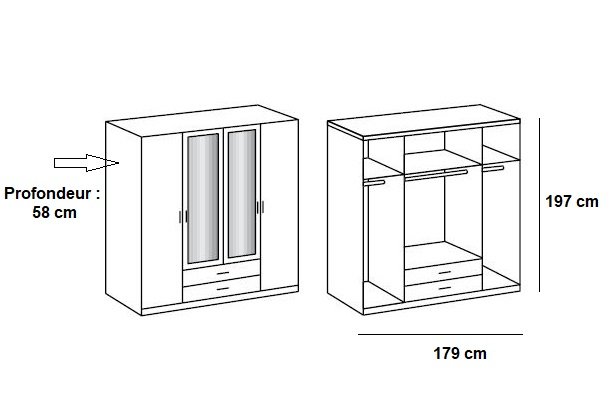 Armoire penderie SUTTON 2 portes blanc mat 2 miroirs L : 179 cm