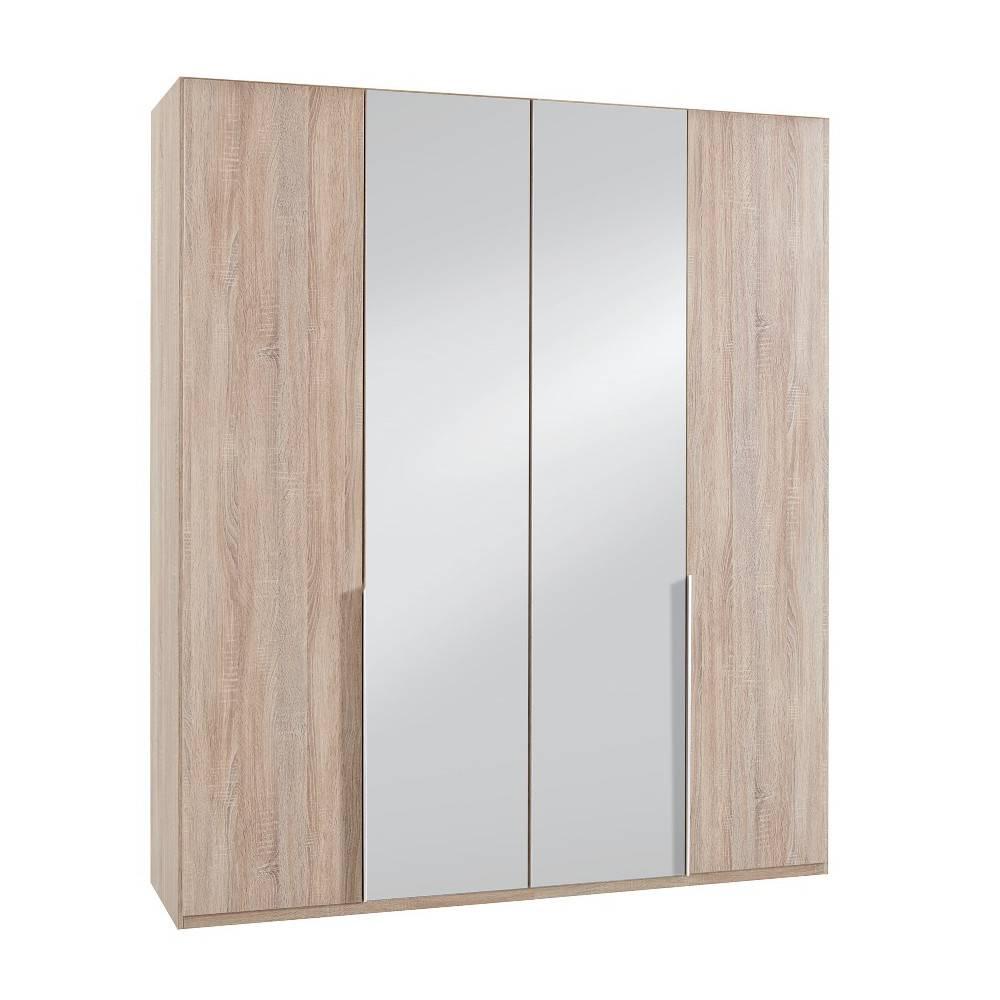 Armoire 4 portes 2 miroirs WILMA 180 cm chêne naturel
