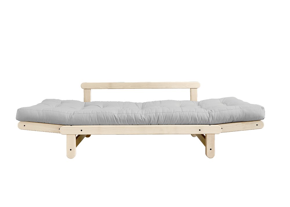 Banquette méridienne futon BEAT pin naturel tissu coloris gris clair couchage 75*200 cm.
