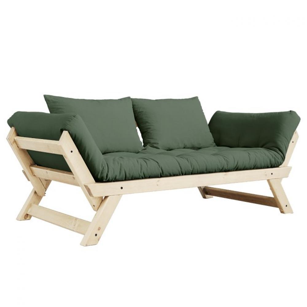 Banquette méridienne futon BEBOP pin naturel coloris vert olive couchage 75x200 cm.