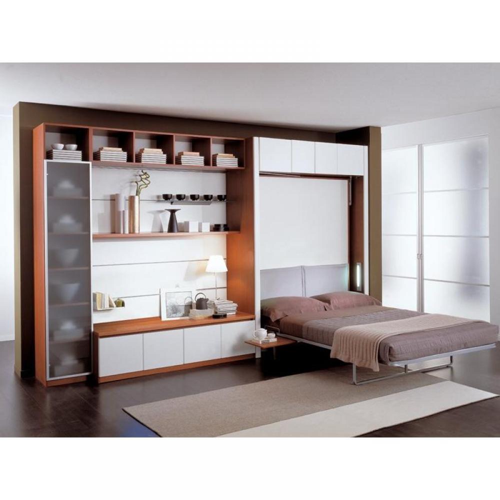 Armoire lit 2 pers, vitrine étagères pivotantes + rangements