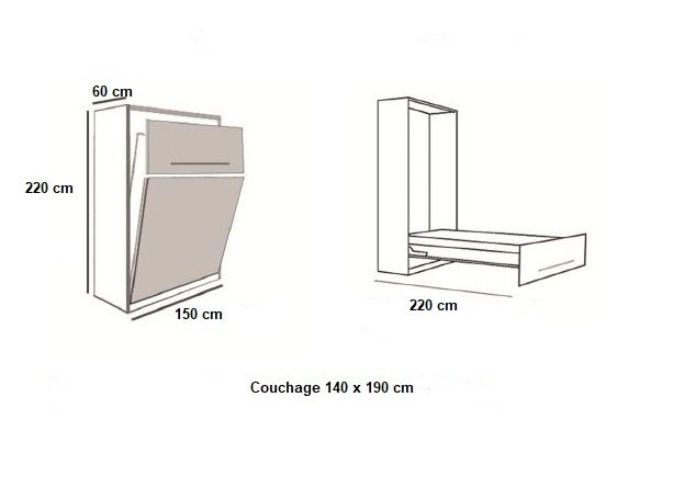 Armoire lit BERNE Couchage 140 x 190 cm profondeur 60 cm