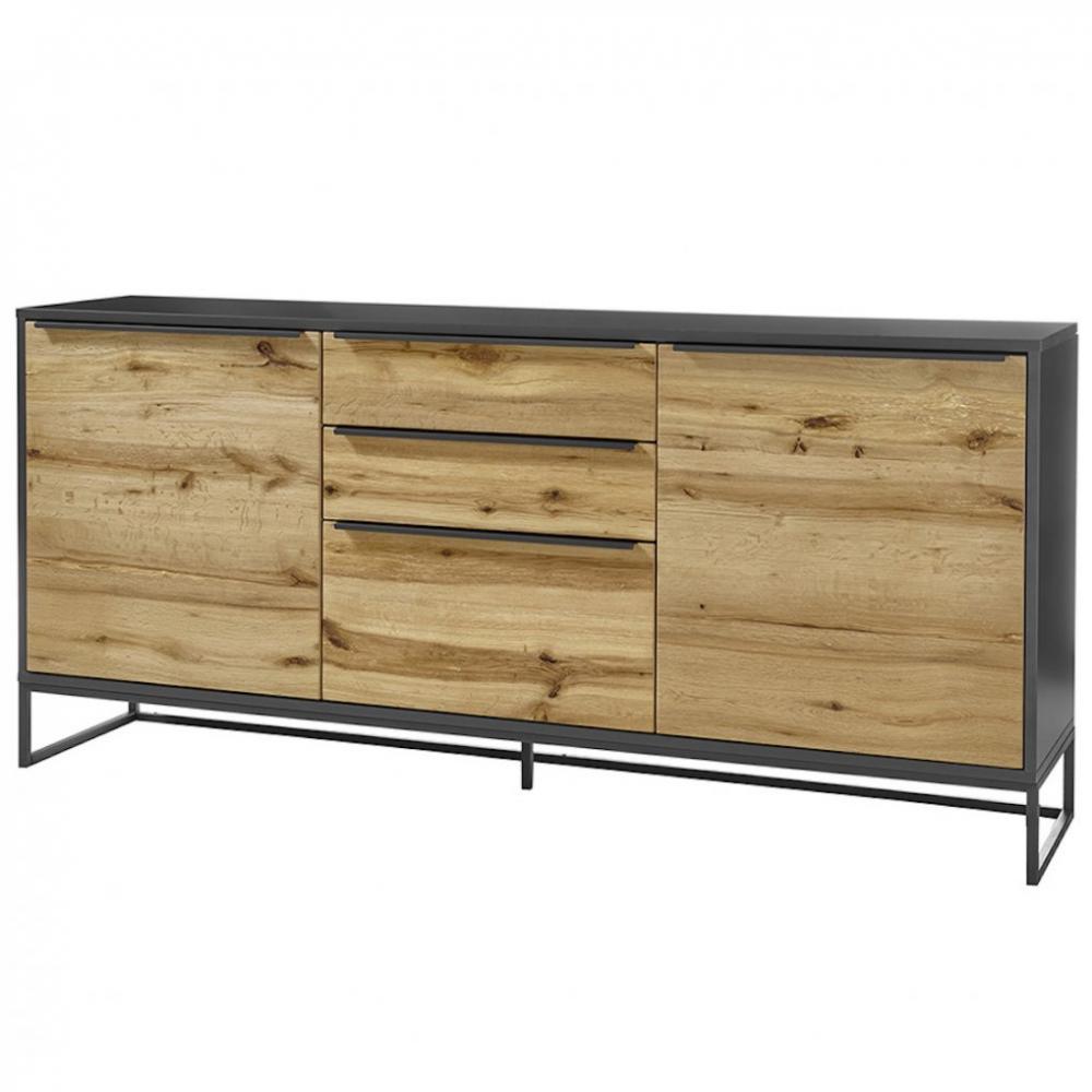Buffet ABOU 2 portes 3 tiroirs plaqué chêne, structure laqué gris anthracite