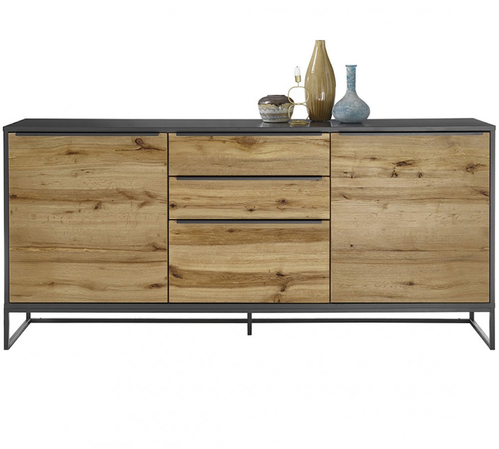 Buffet ABOU 2 portes 3 tiroirs plaqué chêne, structure laqué gris anthracite