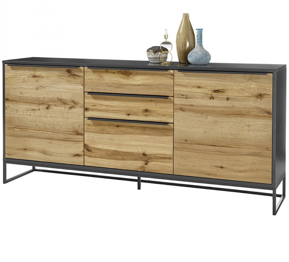 Buffet ABOU 2 portes 3 tiroirs plaqué chêne, structure laqué gris anthracite
