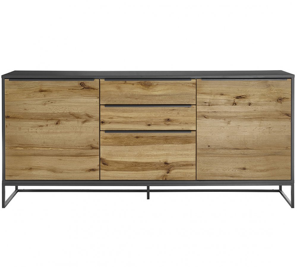 Buffet ABOU 2 portes 3 tiroirs plaqué chêne, structure laqué gris anthracite