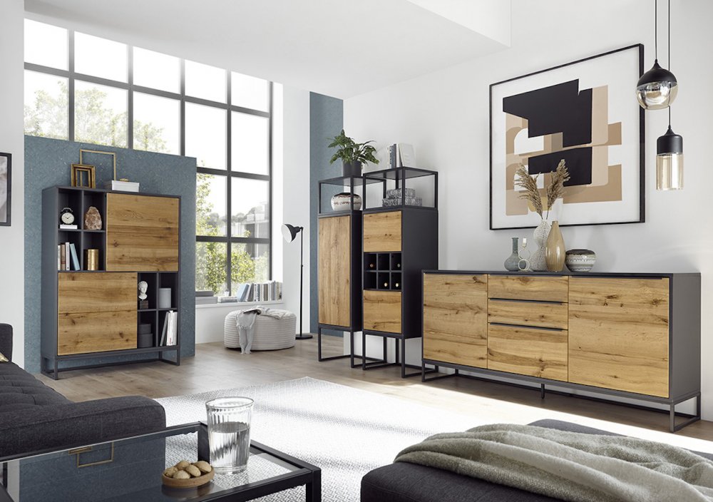 Buffet ABOU 2 portes 3 tiroirs plaqué chêne, structure laqué gris anthracite