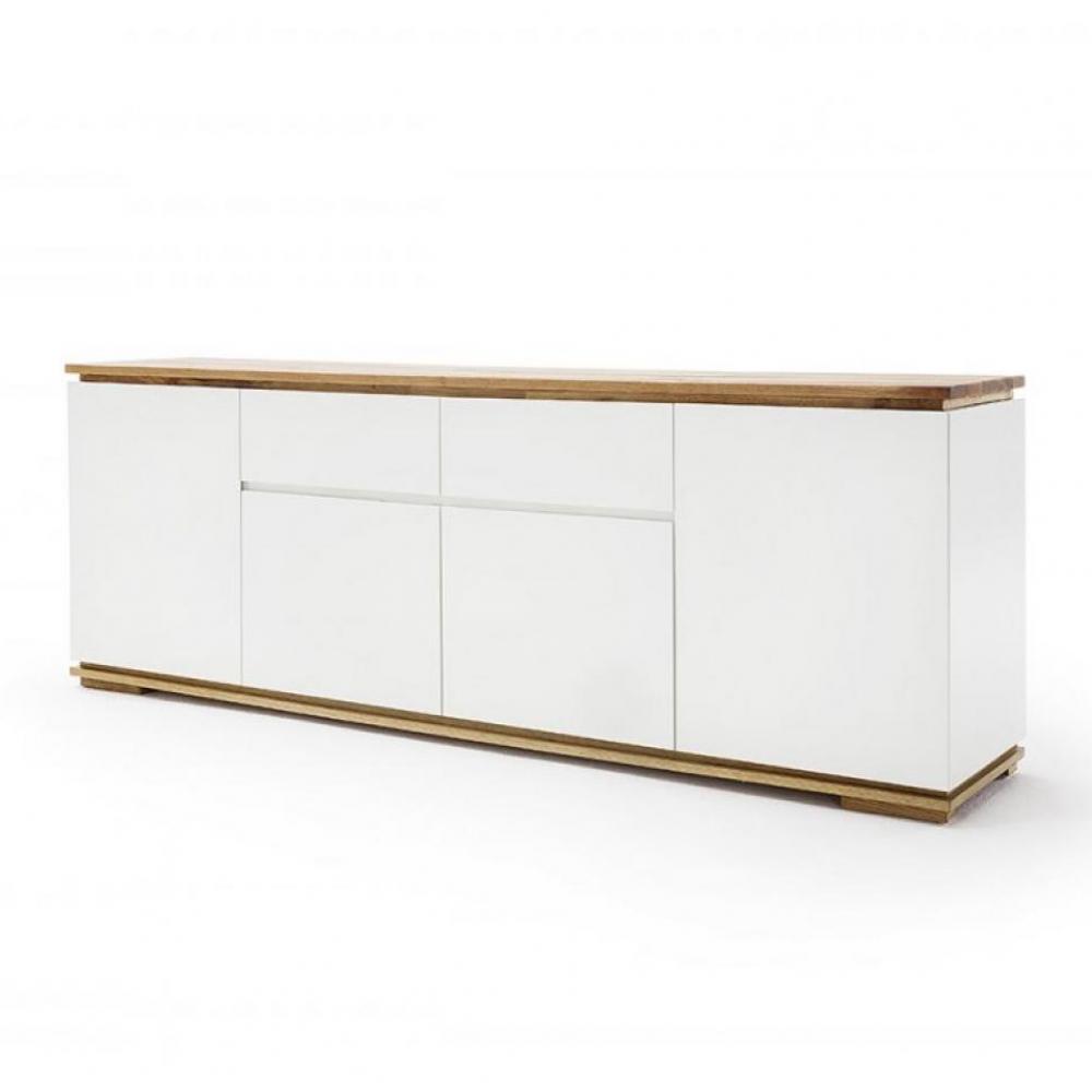 Buffet CHARLY 4 portes 2 tiroirs laqué blanc mat plateau et socle chêne noueux 