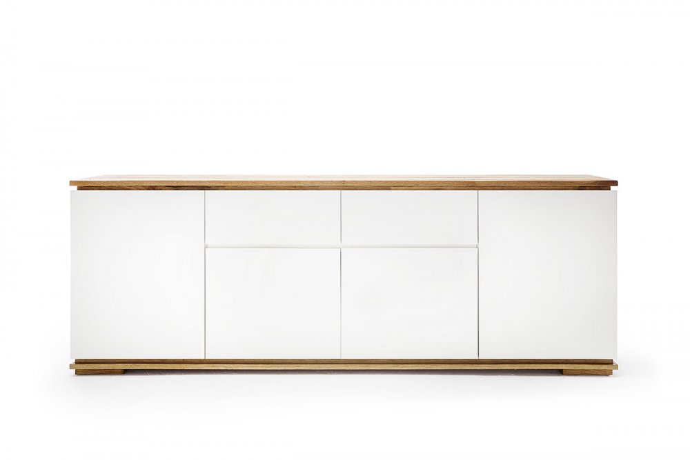Buffet CHARLY 4 portes 2 tiroirs laqué blanc mat plateau et socle chêne noueux 