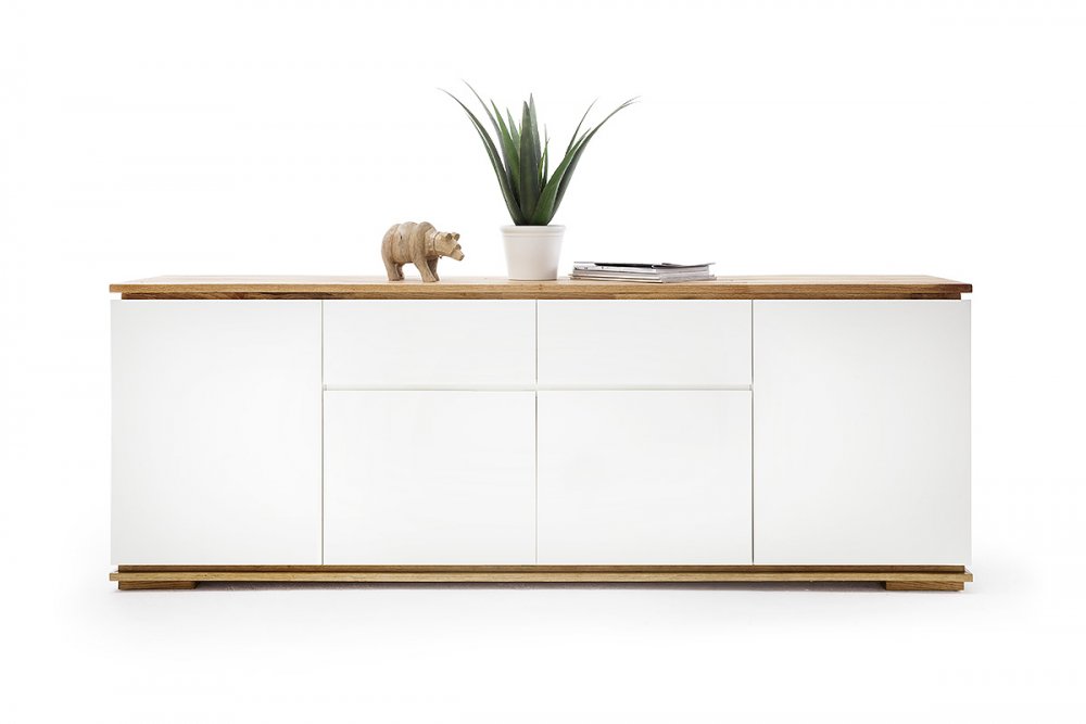 Buffet CHARLY 4 portes 2 tiroirs laqué blanc mat plateau et socle chêne noueux 