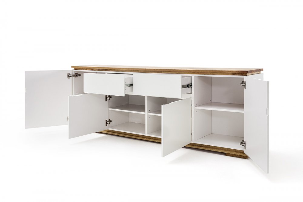 Buffet CHARLY 4 portes 2 tiroirs laqué blanc mat plateau et socle chêne noueux 