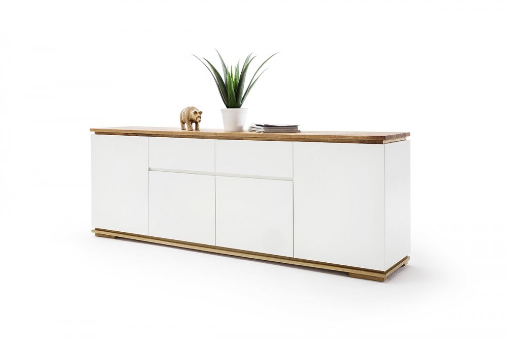 Buffet CHARLY 4 portes 2 tiroirs laqué blanc mat plateau et socle chêne noueux 