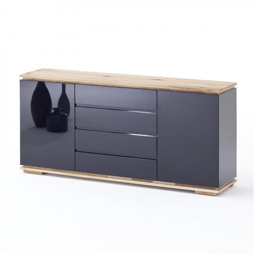 Buffet CHARLY 2 portes 4 tiroirs laqué noir brillant plateau et socle chêne noueux huilé