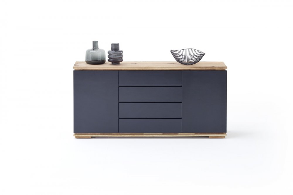 Buffet CHARLY 2 portes 4 tiroirs laqué noir brillant plateau et socle chêne noueux huilé