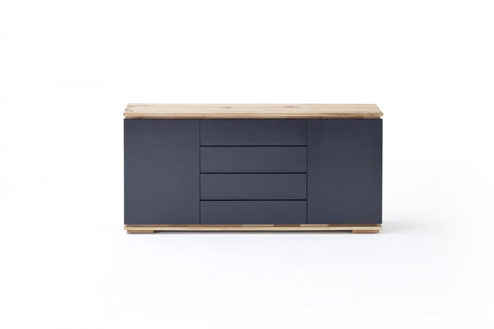 Buffet CHARLY 2 portes 4 tiroirs laqué noir brillant plateau et socle chêne noueux huilé