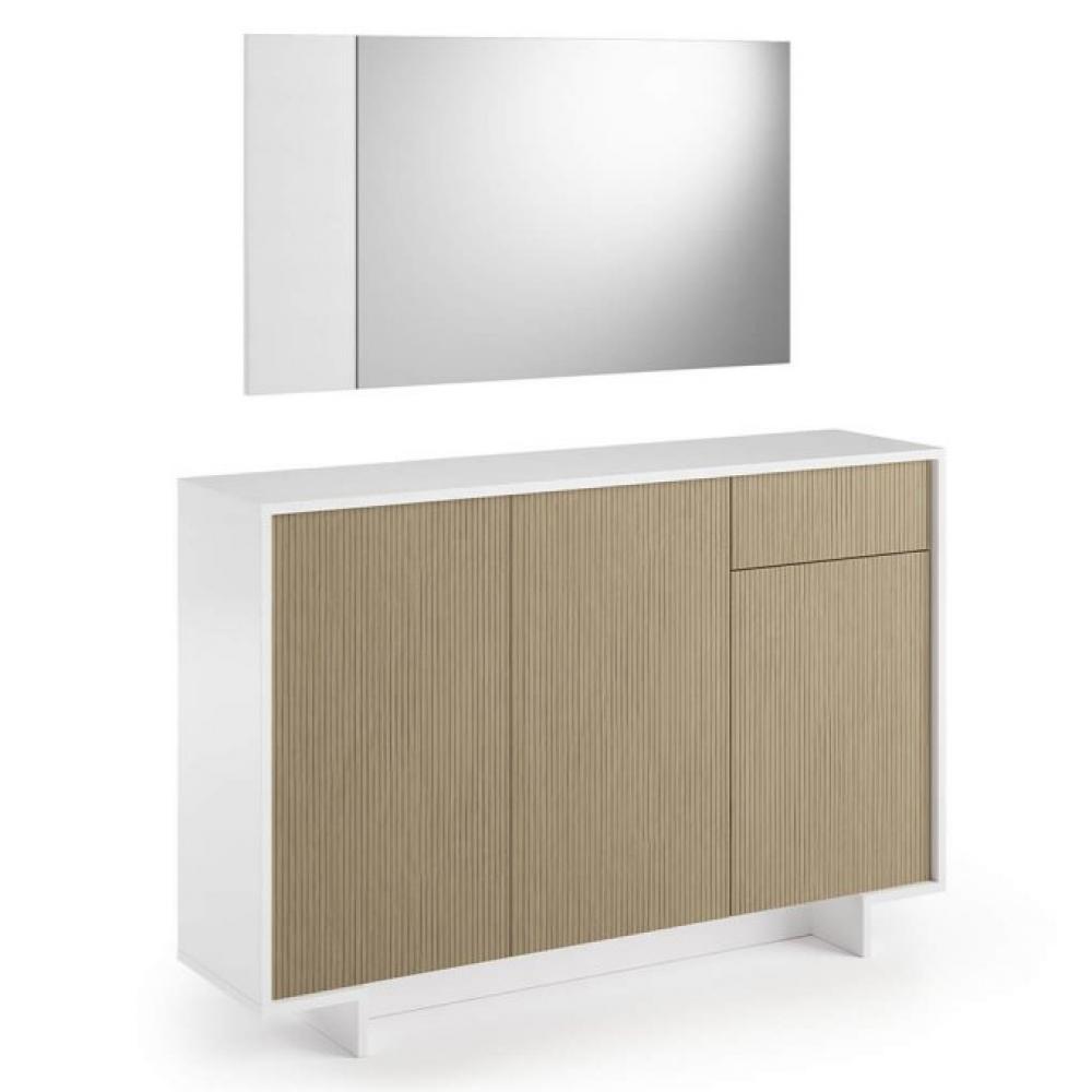 Buffet bas slim FRIME 3 portes 1 tiroir cadre blanc façade canneté claire