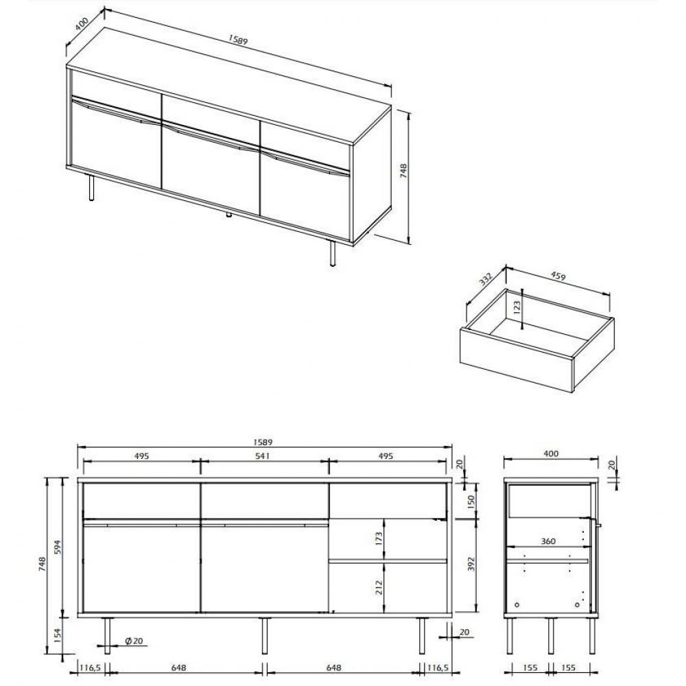 LIME buffet design chêne avec 3 portes laque noir mat pied en acier laqué noir